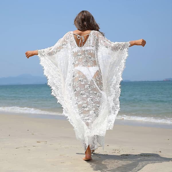 Strandklänning Boho Spets Kimono Plus Size Bikini Morgonrock Baddräkt för Kvinnor Enfärgad White