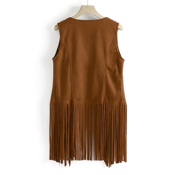 1970-tals Dam Tofs Ärmlös Väst 70-tals Retro Hippie Faux Mocka Fransjacka Kofta Khaki S