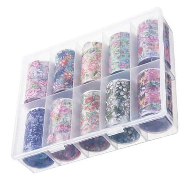 1 Eske/10 ruller Fargerike Blomster Print Klistremerker Negler Folier Stjerne Wraps Overførings Dekaler Neglekunst Dekorasjoner