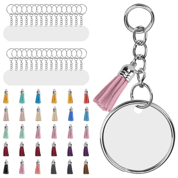 30 Set DIY Handmålade Akryl Nyckelring Ämnen Cirklar Nyckelring Tofs Set med Öglor