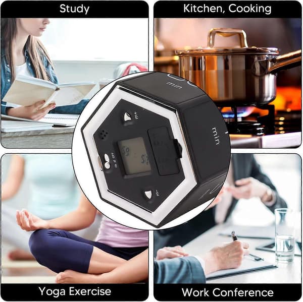 Kubetimer, Hex-flipptimer for tidsstyring, magnetisk, bærbar, med stillefunksjon, justerbar tid for studier og klasserom (Svart)