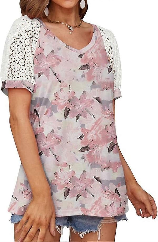 Mode Spetstoppar Sömmar Kortärmad V-ringad T-shirt Blus Blomstertryck M