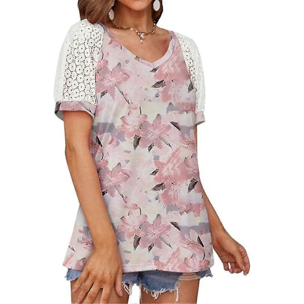Moderigtige blonde toppe syet sammen med kortærmet V-hals T-shirt bluse med blomsterprint XXL