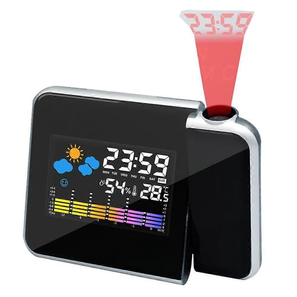 LED Digital Projektionsväckarklocka, LED-klocka med Temperatur- och Termometerdisplay, Projektorkalender, Svart