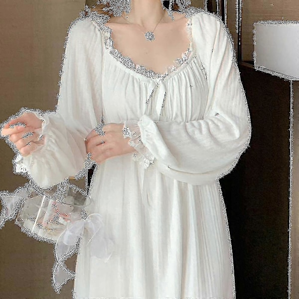 Prinsesse Vintage Hvid Farve Lange Ærmer Natkjole Kvinder Efterår Ren Bomuld Lang Natkjole Piger Hjemmekjole XL