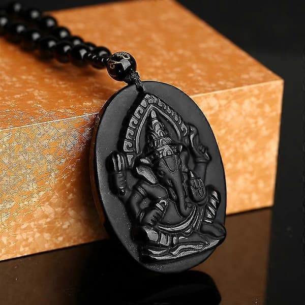 Halsband med Ganesha, elefantgud, obsidian, välsignelse, lyckobringande religiösa pärlor