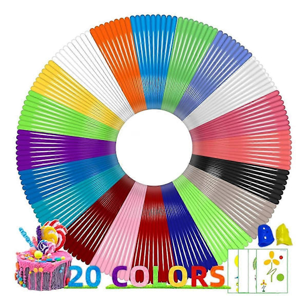 20 Farver PLA 3D Pen Filament Refills, 1,75 mm 3D Pen Filament, Hver Farve 5 m, I Alt 100 m, Kompatibel med MYNT3D 3DP Ens