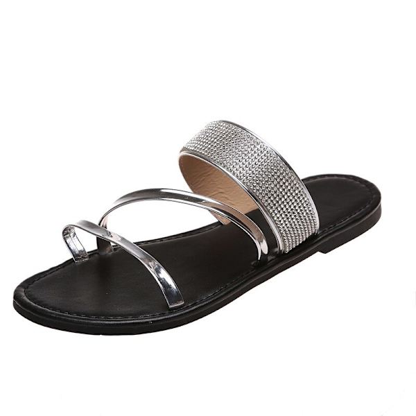 Sommarsandaler för kvinnor, platta sandaler med gnistrande strass, trendiga damsandaler för stranden, glittriga, eleganta slip-on skor med bling för vardagsbruk Silver 36