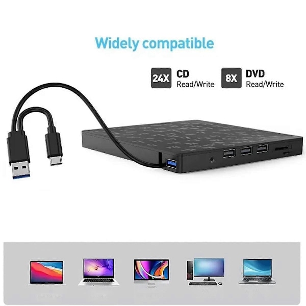 Extern CD/DVD-brännare DVD-enhet Spelare Optisk enhet med SD/TF & USB3.0-portar Optisk enhet för PC Laptop
