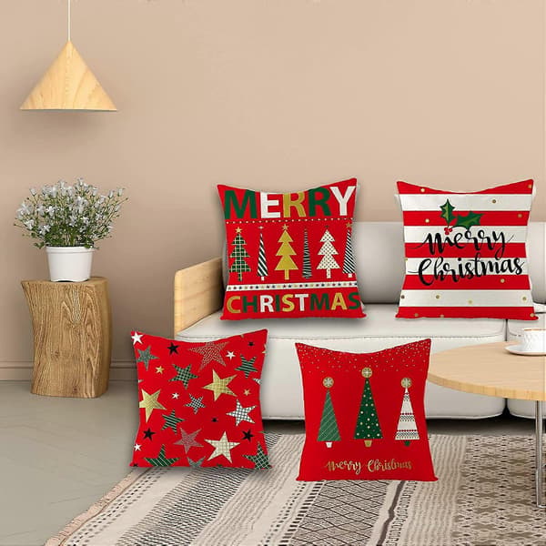 Julepudebetræk Sæt med 4 Linned Julepudebetræk 45 x 45 cm Jule Design Pyntepudebetræk til Sofa