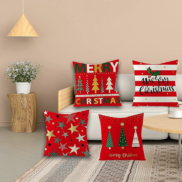 Juleputetrekk Sett med 4 Lin Juleputetrekk 45 x 45 cm Jule Design Dekorative Putetrekk til Sofa