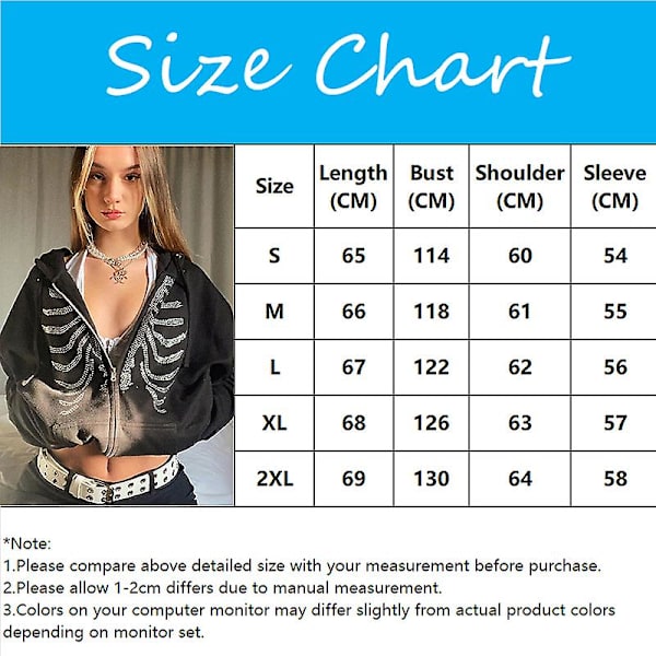 Dam Rhinestone Utskuren Hoodie Gotisk Dragkedja Streetwear S