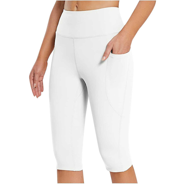 Tflycq Knälånga leggings för damer, hög midja, yoga, träning, capribyxor för avslappnad sommar med fickor White M