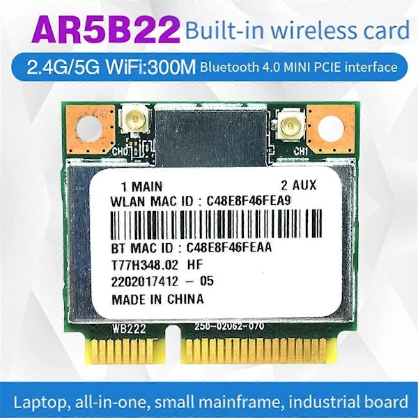 AR5B22 AR9462 WiFi-kortti + Sisäiset antennit 300Mbps 2.4G/5G Dual Band BT4.0 Mini PCl-E WiFi-sovitin Windows 7/8/10:lle