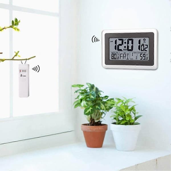 Väggklocka med Stor Display, Inomhus- och Utomhustemperatur, Datumkalender, Digital Väckarklocka för Kök