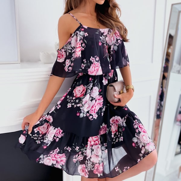 Sexig Spaghettibandsklänning Mode Off Shoulder Sommarklänning DR10-Black M