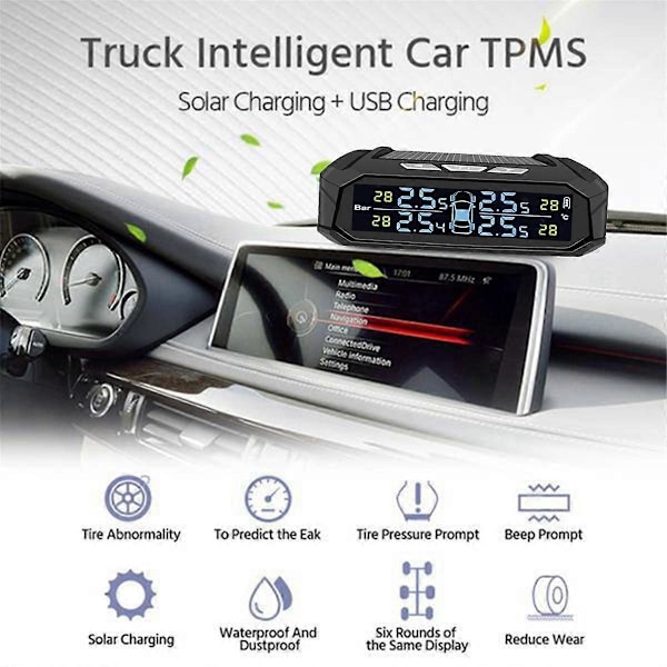 Bil TPMS Däcktrycksövervakningssystem Solenergi Digital Display Auto Säkerhetslarmsystem med 4 Interna Sensorer