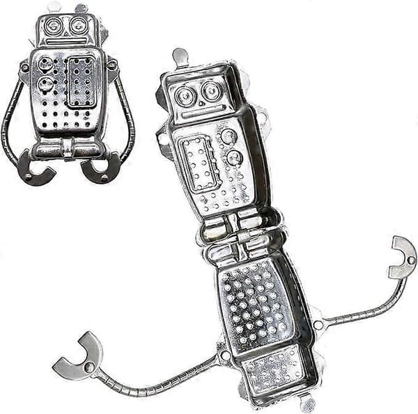 4 stk. Robotformet teinfuser i rustfritt stål med lang kjedekrok, tesil, sukker- og melsikter, filtre, te-diffuser for løs te