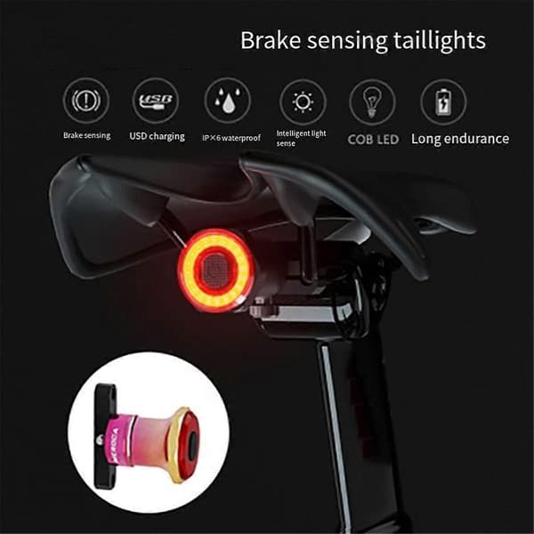 Smart Cykel Baglygte Automatisk Start Stop Bremse USB Opladning Cykellygte Cykellys Sadelrør Sort