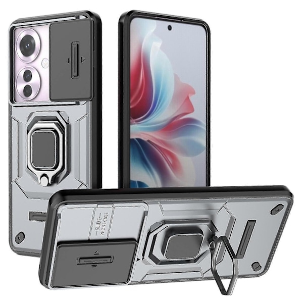 Oppo Reno11 F 5G -puhelimen kotelo, jossa rengaspidike, PC+TPU-takakuori ja liukukameran suojus - Violetti Grey