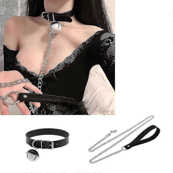 Halsband i Läder Gotiskt Läderhalsband Choker Med Kedja Avtagbart Koppellina Red