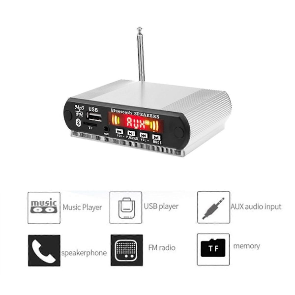Bluetooth MP3-spiller Dekoderkort FM-radio, USB, TF, Trådløs Lyd & Håndfri Samtale, Fjernkontroll Sølv