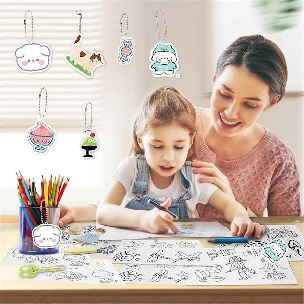 A5 ShrinkyDink Nøgleringssæt, Krympeplast Papirsæt til Børn DIY Kunsthåndværk med Nøglering Ørering Hårspænder Broche