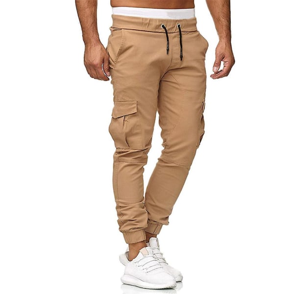 Män Drawstring Cargo Combat Byxor Casual Arbets Sport Slim Fit Multifickor Jogging Manschetter Byxor Khaki M