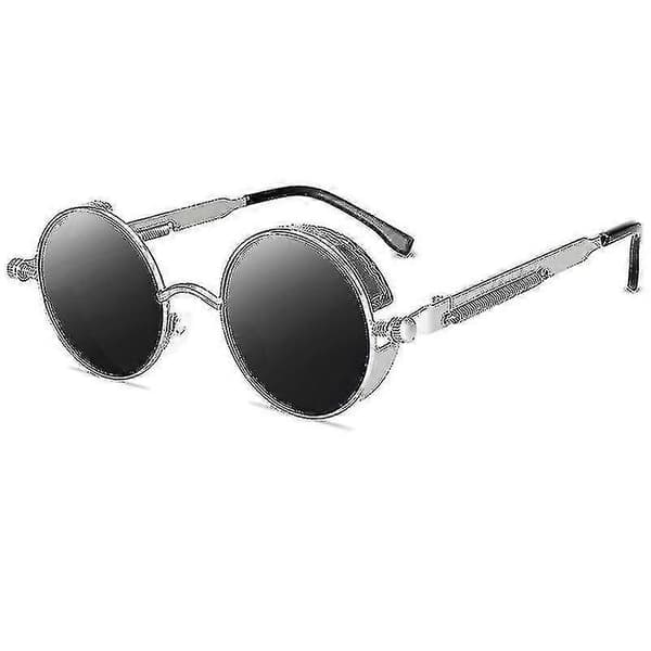 Vintage Polariserede Steampunk Solbriller Herre Runde Silver Frame Grey Lenses