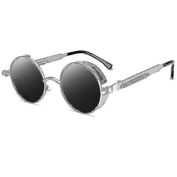 Vintage Polariserte Steampunk Solbriller Herre Runde Silver Frame Grey Lenses
