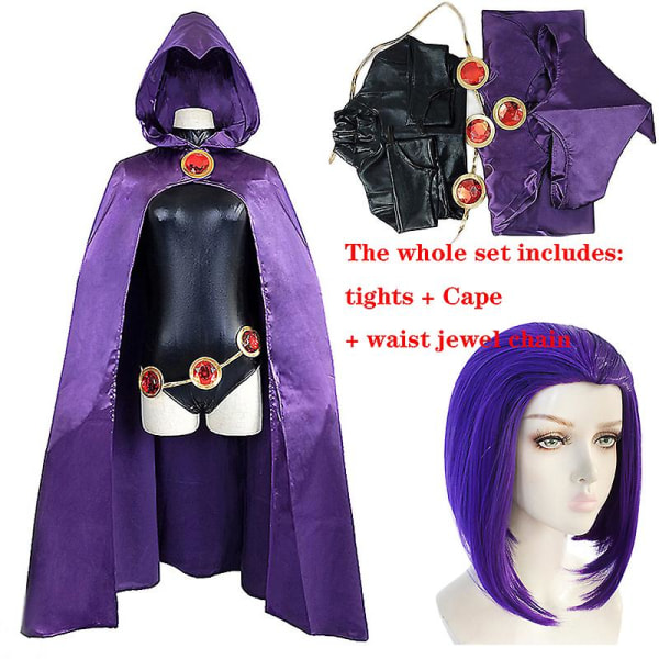 Teen Titans Raven Cosplay kostym Superhjältemantel Jumpsuits Zentai Halloween tighta kläder + Cape + midja smyckekedja S