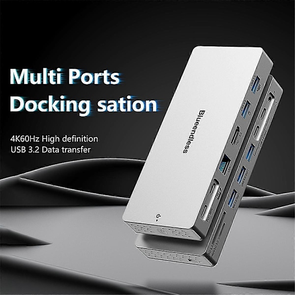 14-in-1 telakointiasema, monitoiminen 4K 60Hz HD-resoluutio, USB 3.2 -siirto 10 Gbps telakointiasema