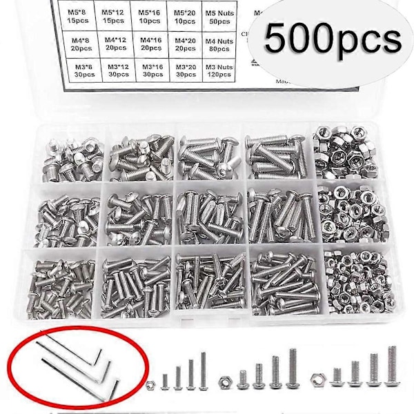 500 kpl M3 M4 M5 ruostumattomasta teräksestä valmistettuja kuusiokoloruuveja ja muttereita, QinHai