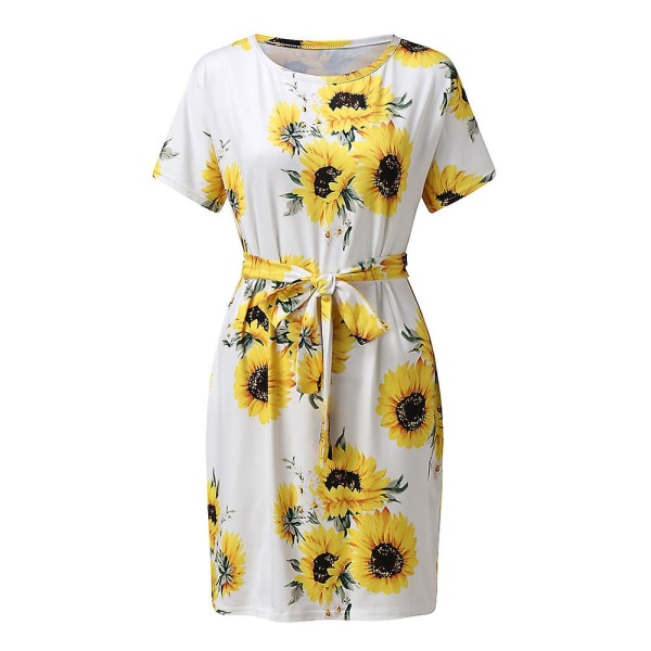 Kvinnor blommig snörning kortärmad crew Neck klänning Sommar Baggy solklänning med fickor Yellow S