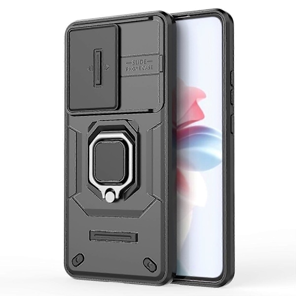 For Oppo Reno11 F 5G Deksel Ring Stativ PC+TPU Bakdeksel med Skyvbar Kamerabeskyttelse - Lilla Black