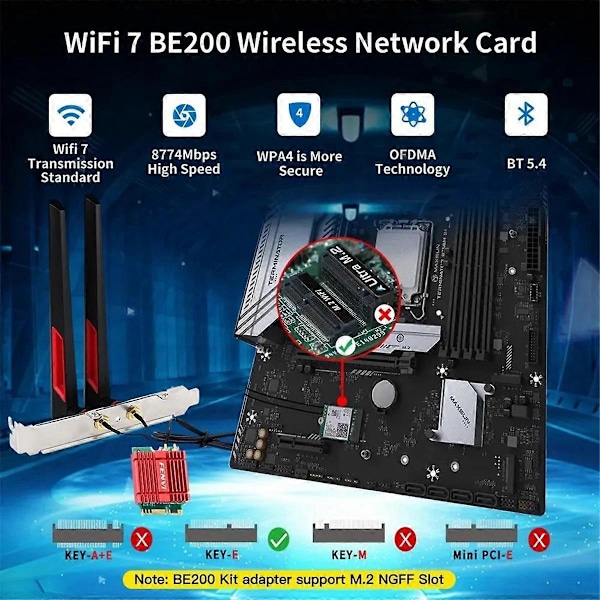 WiFi 7 BE200 M.2 Trådløs Adapter NGFF Netværkskort 2.4G/5G/6GHz BT5.4 8774Mbps BE200NGW Antenne Desktop til Win 10/11