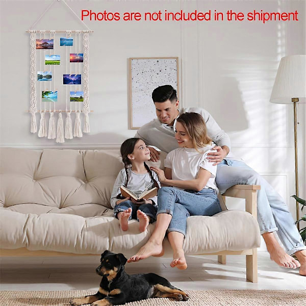 Hängande Fotodisplay med 30 Träklämmor Makramé Väggbonad Bildhållare Collage Fotoram för Boho Dekor