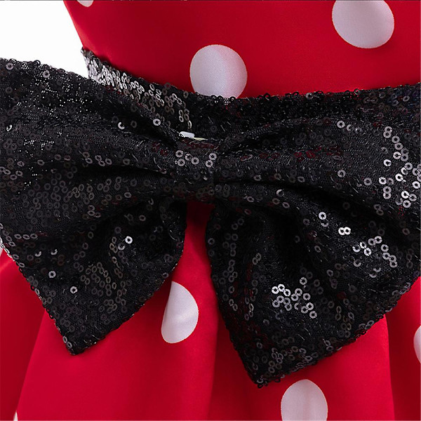 Flickor Minnie Röd & Svart Söt Tecknad A-linje Klänning Prickig Rosett Dekoration Prinsessklänning 5-6Y