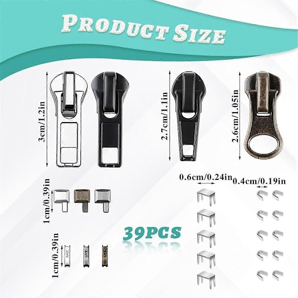 Dragkedjereparationssats, 5 Dragkedje Ersättnings Slider Kit, Dragkedjor Dragkedja Huvud Bottenstopp och Toppstopp Fixa Dragkedja på