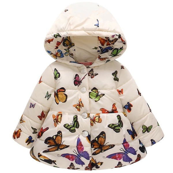 Vinterjacka för små flickor med blommönster, tjock vadderad huva White Butterfly 2-3 Years