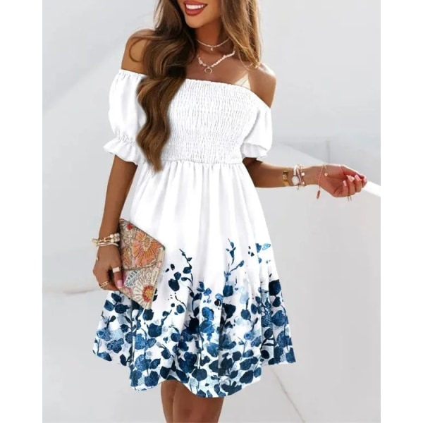 Sexig Off Shoulder Mini Klänning Dam Sommar Lös Boho Print Festklänning white L