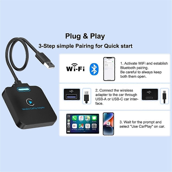 CarPlay Trådløs Adapter, Plug & Play Lav Latens Trådløs CarPlay, Automatisk Tilkoblet for Bilmodeller Fra 2016