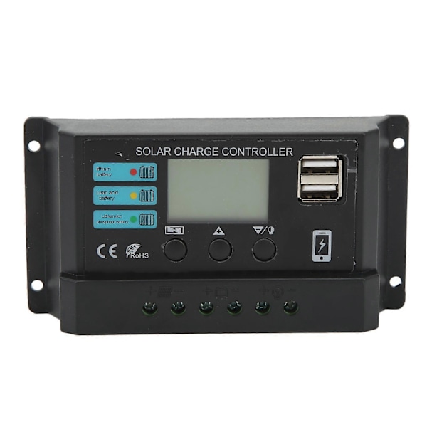 LCD Display Solpanel Controller Fotovoltaisk Opladningscontroller 12V 24V Selvtillpasning Sort 10A