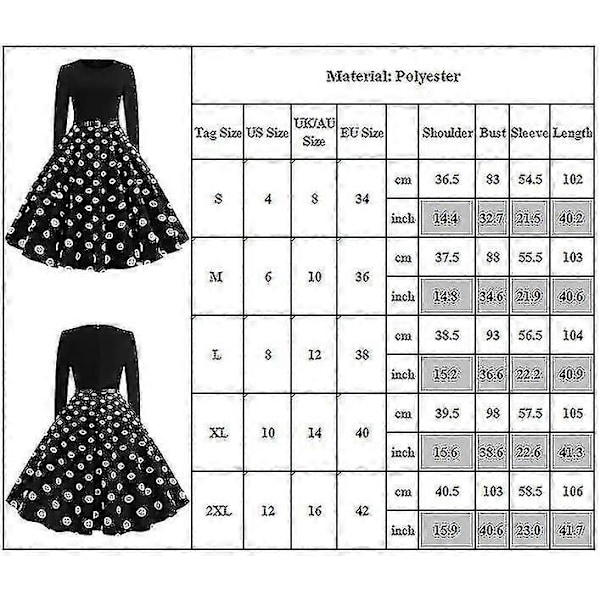 Naisten Retro 50-luvun ja 60-luvun pitkähihainen cocktail-juhlamekko pyöreällä kauluksella ja polka dot -kuviolla, Rockabilly-tyyli S