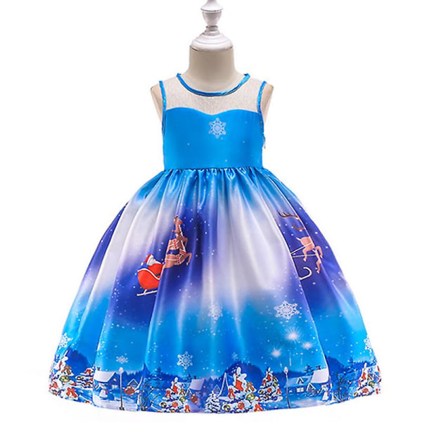 Jul Små Barn Flickor Spets A-linje Swing Dress Xmas Jultomten Print Bal Balklänning Afton Formell Prinsess Klänning Fest Kostym Blue 12-13 Years