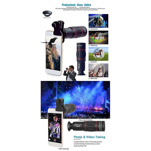 18x Utendørs Reise Konsert HD Bærbar Mobiltelefon Telefoto Ekstern Linse Fotografering Liten Monokulær Teleskop B