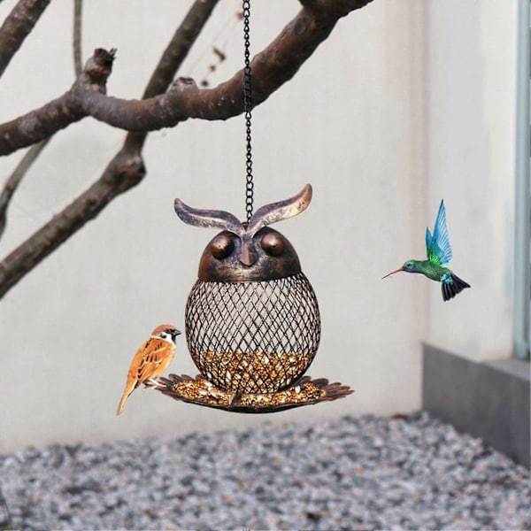 Ulkokäyttöön tarkoitettu villilintujen ruokintalaite, pöllömuotoinen riippuva kolibrin ruokintalaite koukulla, metalliverkko lintujen ruokintalaite ulkokäyttöön, pihalle, parvekkeelle, puutarhakoristeeksi