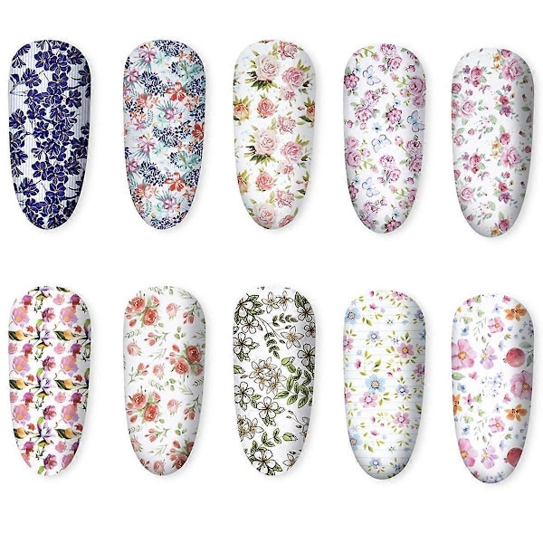 1 Eske/10 ruller Fargerike Blomster Print Klistremerker Negler Folier Stjerne Wraps Overførings Dekaler Neglekunst Dekorasjoner
