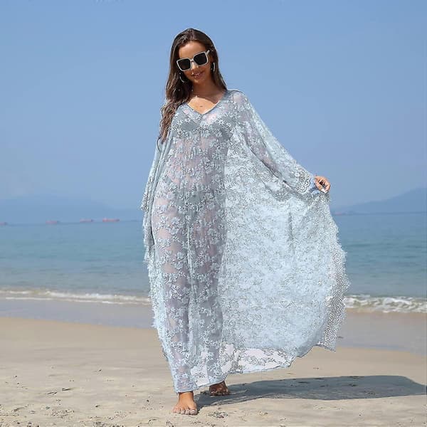 Strandklänning Boho Spets Kimono Plus Size Bikini Morgonrock Baddräkt för Kvinnor Enfärgad Sky Blue