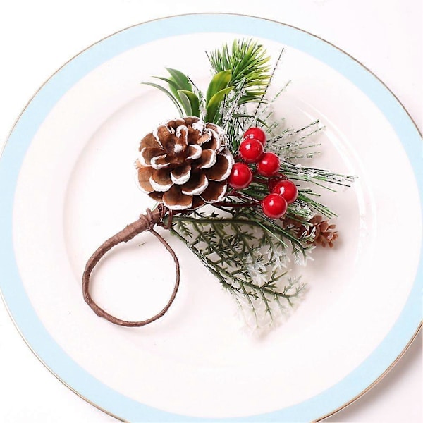 Servietringe 6 Fyrrenåle Bær Jul Thanksgiving Rustik Bondegård Servietringe Holdere